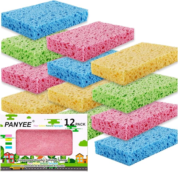Compressed Cellulose Kitchen Sponges 12Pack，Non-Scratch Biodegradable Natural by PANYEE