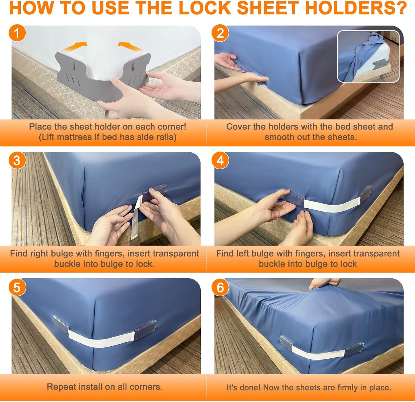 Lock Bed Sheet Holders with Anti-Slip Pads for Corners, 4Pcs Secure Bed Sheets Firmly in Place, Heavy Duty Bed Sheet Holder Straps for No More Loose Sheets, Easy Installation for All Mattress (Gray)