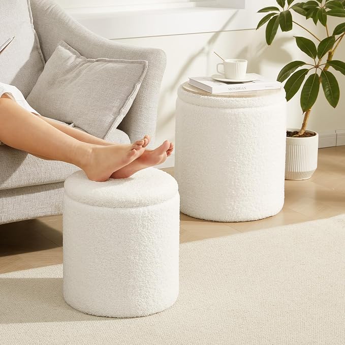 Boucle Round Ottoman with Storage Set of 2, Small Foot Stool Ottoman - Image 8
