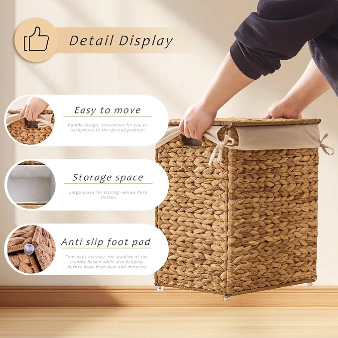 Handwoven Laundry Basket with Lid, Natural Water Hyacinth Storage Basket with - Image 6