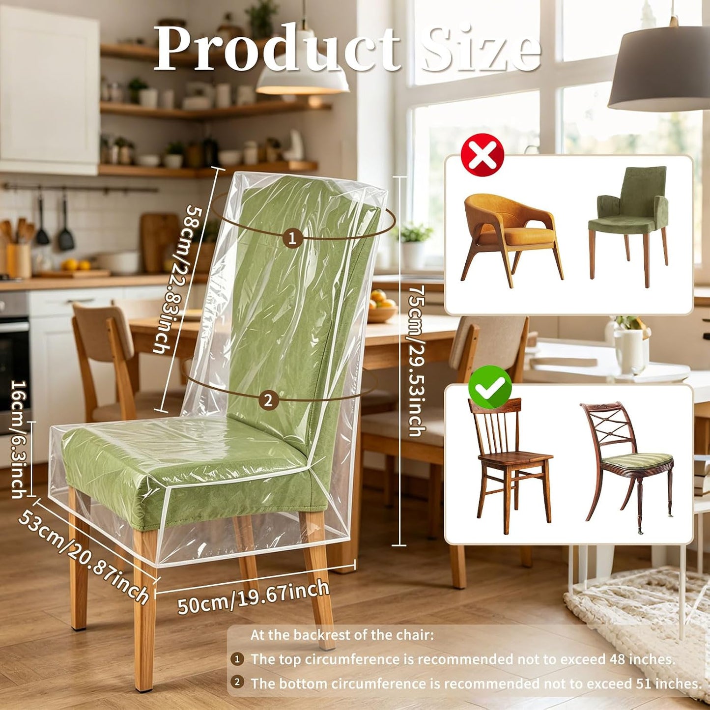 2Pcs Dining Chair Covers, Thicker PE Plastic Seat Covers for Kitchen Chairs, Cat Scratch Proof & Waterproof Protectors for Pet, Dust, Spills (Fits Seat 21" W x 18" D)