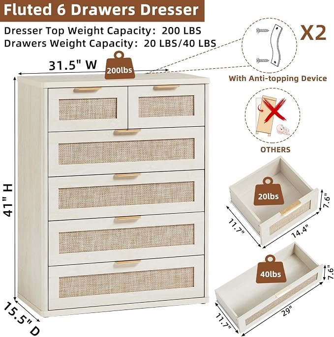 LEYAOYAO White Dresser for Bedroom Set of 2, Modern 6 Drawers Boho Rattan - Image 2