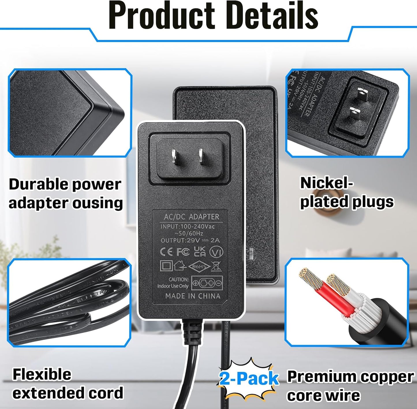 2 Pack 29V 2A AC/DC Electric Recliner Power Supply Replacement with 2-Pin Connector, Universal Adapter for Lift Chair Sofa, Compatible with OKIN Limoss ZB-H290020A-C ZBPOWER FS2900-2000