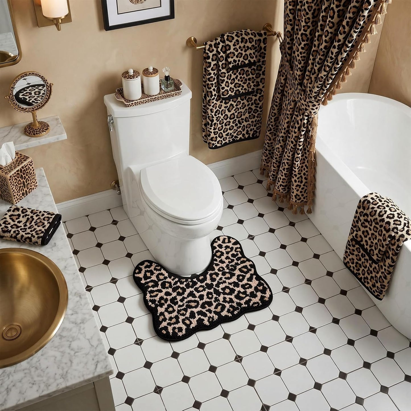 Cheetah Print Toilet Rug U Shaped Scalloped Leopard Bathroom Rug Luxury Non Slip Absorbent Washable Toilet Mat Soft Plush Bat Mat Leopard Bathroom Decor