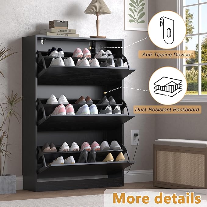 Shoe Cabinet with Odor Control and Back Panels, Deodorizing Slim 3-Flip Shoe - Image 6