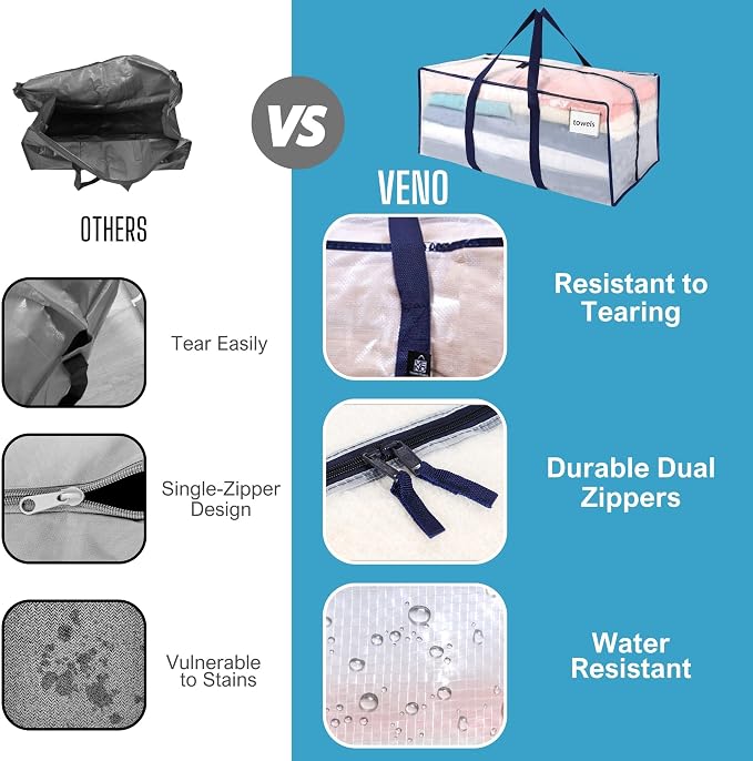 VENO 8 Pack Moving Bags Plastic Storage Totes Clothes Organization Large W - Image 5