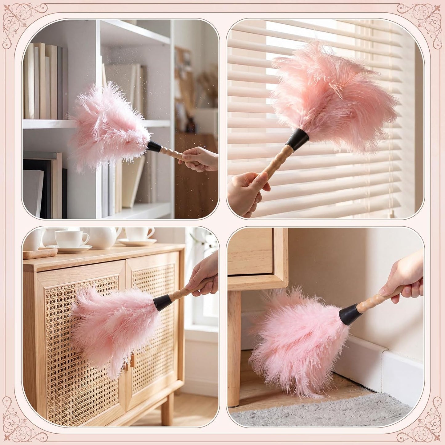 Hushee 2 Pcs 13.3" Pink Ostrich Feather Duster for Cleaning with Solid Wooden Handle Natural Feather Hang Strap Reusable Household Duster for Cleaning Supplies, Ceiling Fan, Crafts, Blinds, Furniture