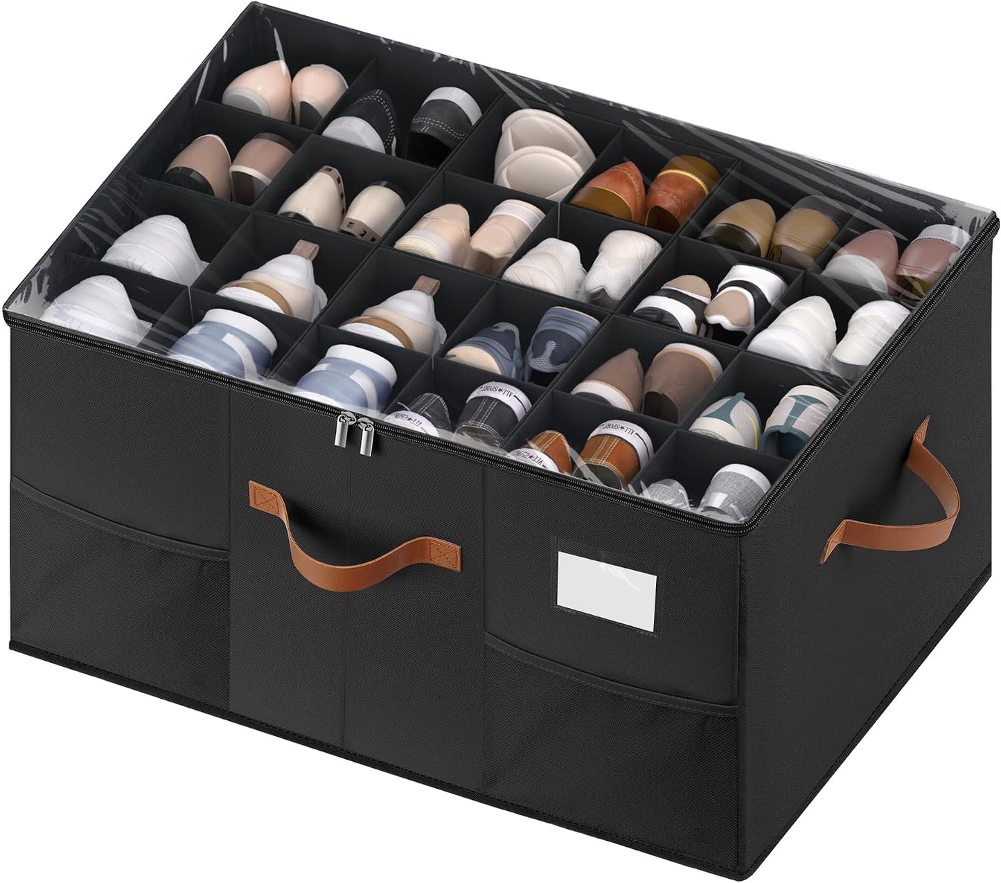 Shoe Organizer for Closet, Adjustable Storage Box Holds 24 Pairs | Black,Foldable,Adjustable Dividers,Clear Lid,Reinforced 4 Handles,Fits Sneakers, Boots & Heels, For Closet,Entryway,Bedroom