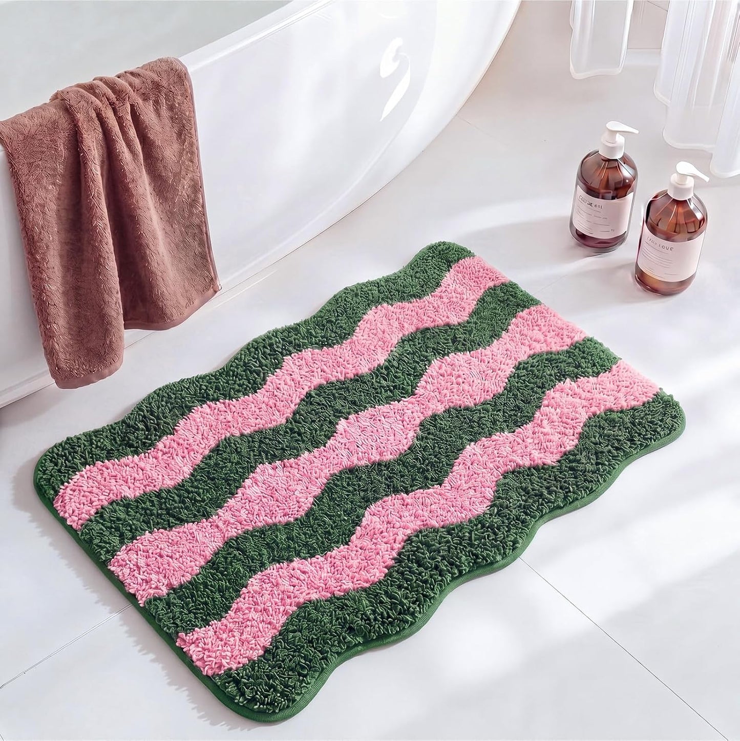 Nuanchu Cute Scalloped Bathroom Rug, Plush Tufted Absorbent Soft Wave Striped Bath Mat 24"x16", Non-Slip Washable Floor Carpet for Bathroom Bedroom Kitchen(Pink & Sage Green)
