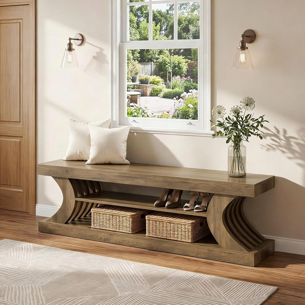 Tribesigns 63" Entryway Shoe Bench, 3-Tier End of Bed Bench with Open St...