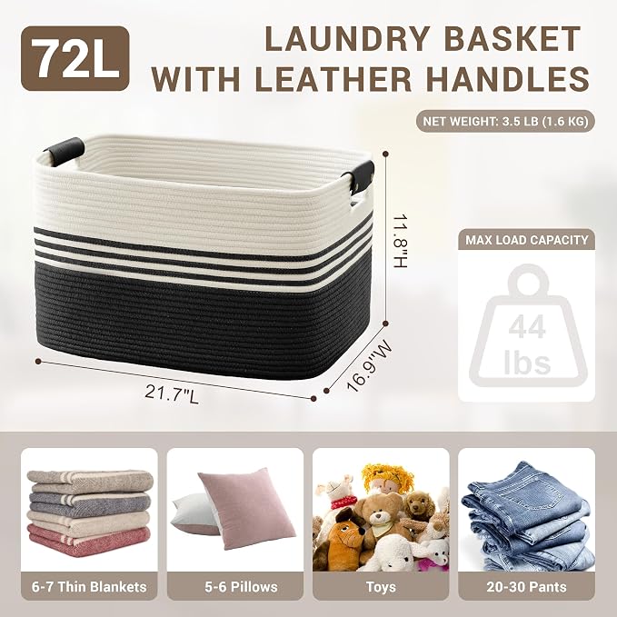 72L Large Laundry Basket with Leather Handles - Image 2