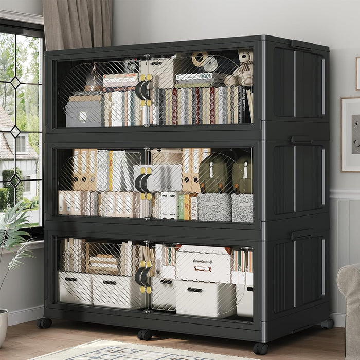 180Gal/720QT 3-Tiers Extra Large Stackable Storage Bins with Lid, Collapsible Cabinet Closet Organizer Plastic Container Box with Wheels Doors Drawers for Living Room Kitchen Office, Black