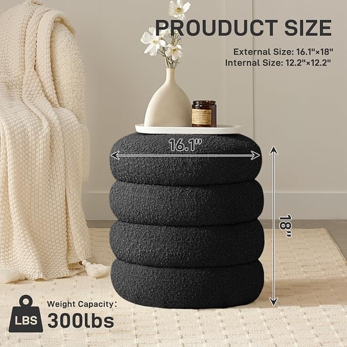 Round Ottoman with Storage Boucle Ottoman Stool with Storage Removable Lid - Image 2