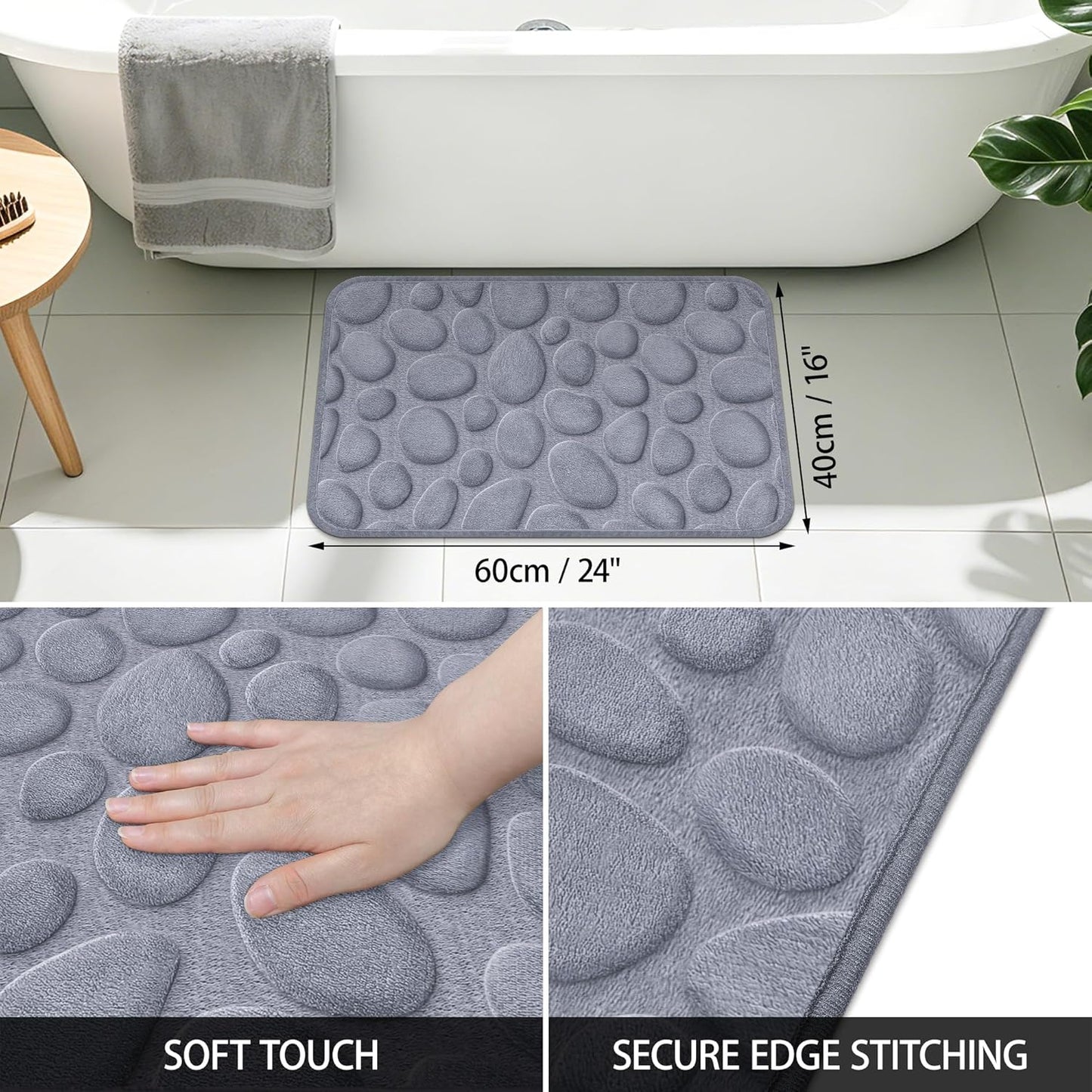 Memory Foam Bath Mat,16x24 Inch Non Slip Cobblestone Bath Mats,Manchine Washable Absorbent Bathroom Floor Mats,Ultra Soft and Quick Dry Bath Rugs for Bathroom Tub and Shower,Gray