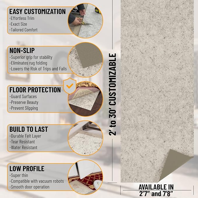 Ottomanson 2' x 7'8" Non-Slip Rug Pad Gripper 1/12 Inch Ultra Thin Dual Surface - Image 2