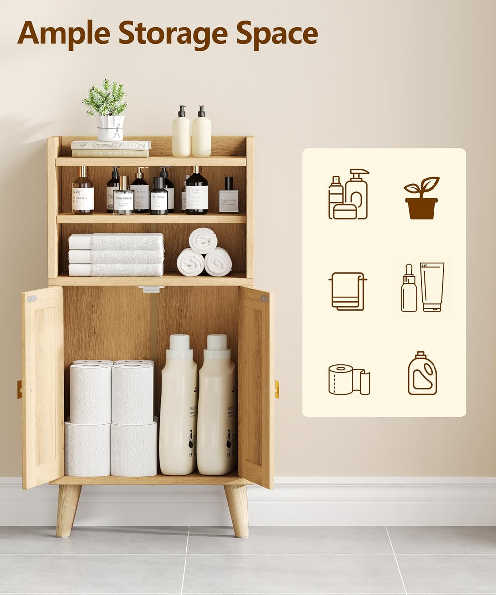 Akxomel Rattan Small Bathroom Storage Cabinet with Open Shelf 2 Doors Oak