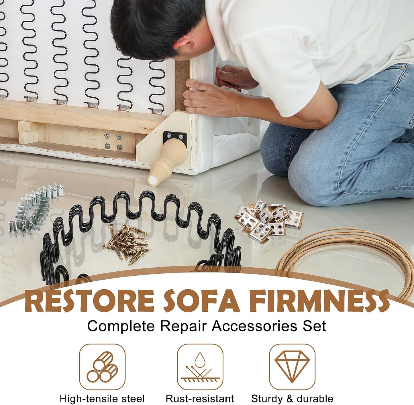 Couch Spring Repair Kit to Fix Sofa Support for Sagging Cushions - Includes 4pk of Springs, Upholstery Spring Clips, Seat Stay Wire, Screws-Sofa Upholstery Replacement Kit