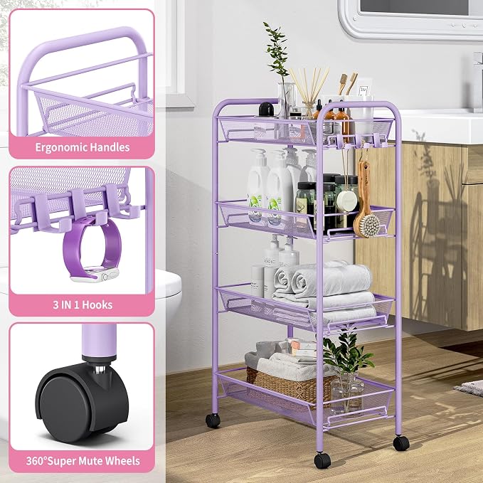 TOOLF 4-Tier Rolling Cart, Metal Utility Cart - Image 4