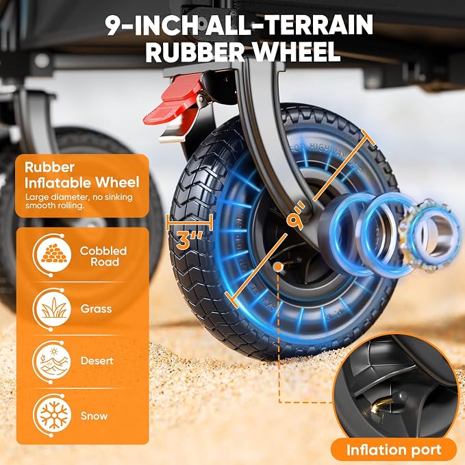 Big Rubber Wheels Beach Wagon Cart Foldable, 9x3 All-Terrain Wheels, Heavy Duty - Image 3