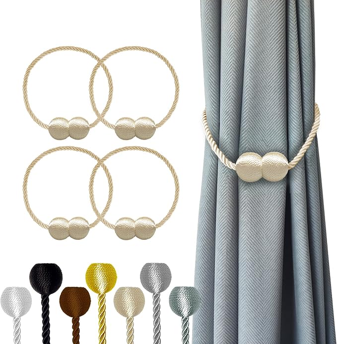 Hion Magnetic Curtain Tiebacks Beige 4 Pack, Curtain Tiebacks Buckles Holdbacks by Hion