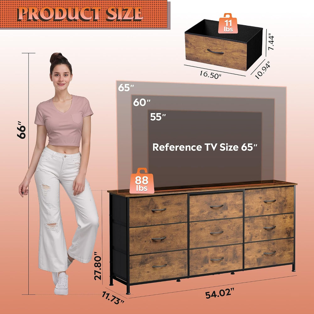 WLIVE Dresser TV Stand for 65 Inch TV, 9 Drawer Dresser, Rustic Brown