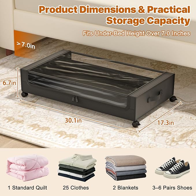 Under Bed Storage with Wheels, XXL 60L Under Bed Storage Containers with Clear - Image 2