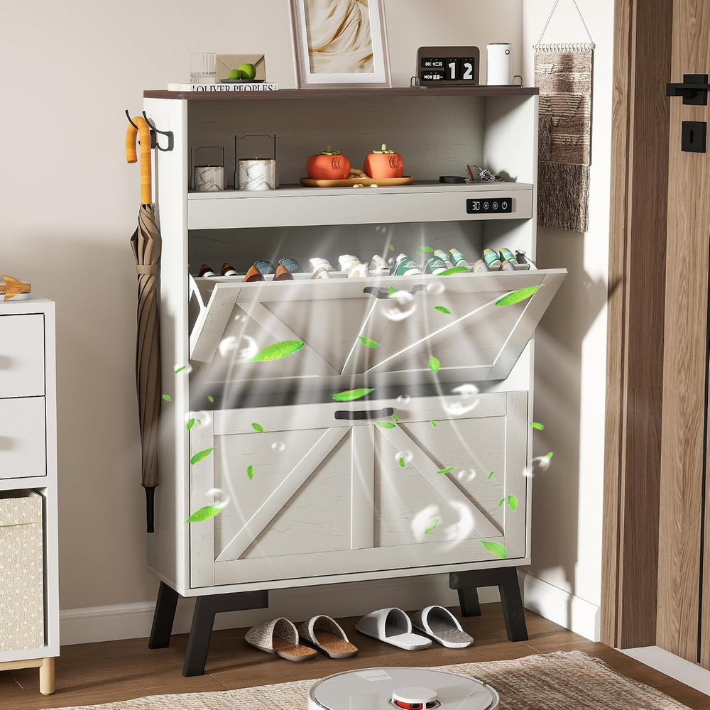 Shoe Cabinet with Deodorizer, Narrow White Entryway Storage, Anti-Tip