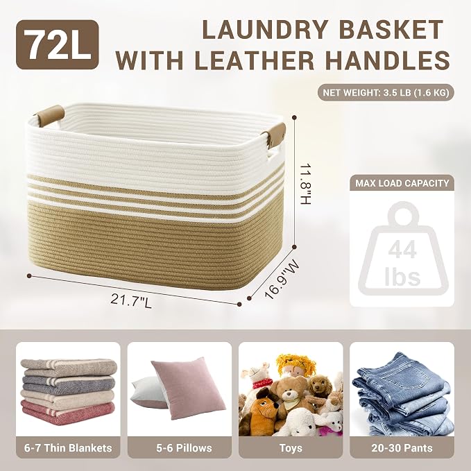 72L Large Laundry Basket with Leather Handles - Image 2