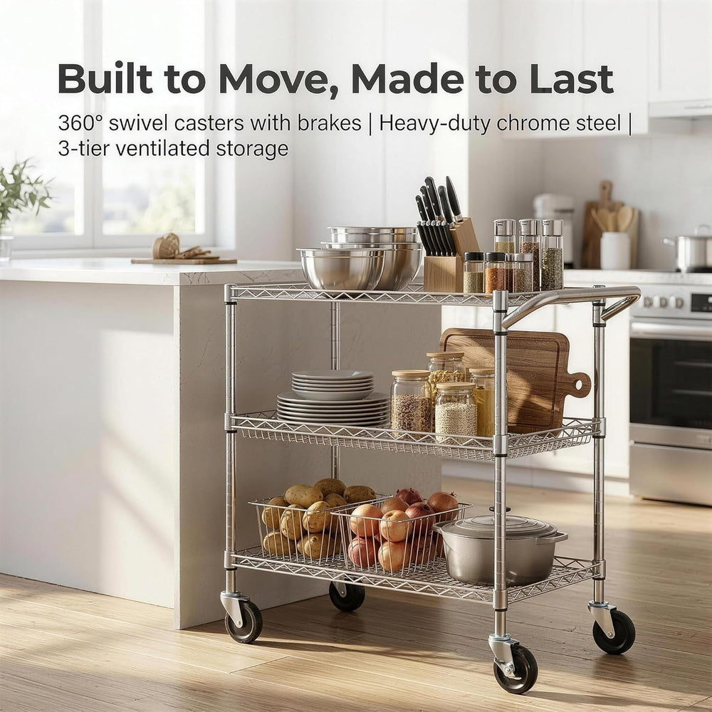 Finnhomy 3 Tier Heavy Duty Commercial Grade Utility Cart, Wire Rolling Cart w...