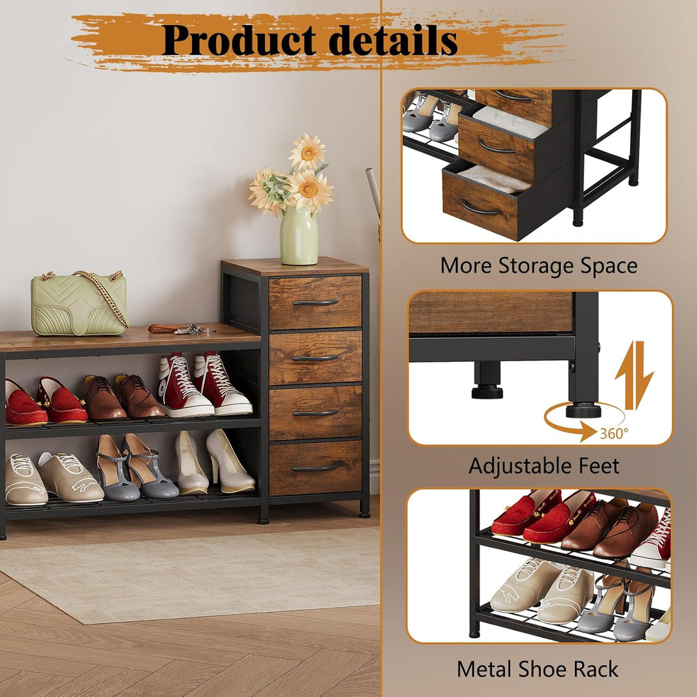 EXOTICA Industrial Shoe Storage Bench with 4 Drawers & Seat, Rustic Brown