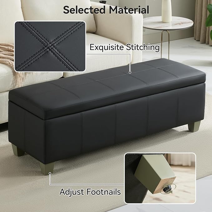 51" Faux Leather Storage Ottoman, Stitch Tufted Rectangle Upholstered End of - Image 4