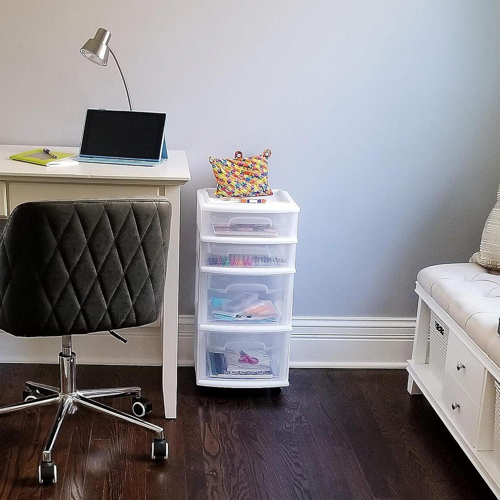 HOMZ Drawer Tower, 4-Tier Storage Cart with Removable Wheels, White Frame