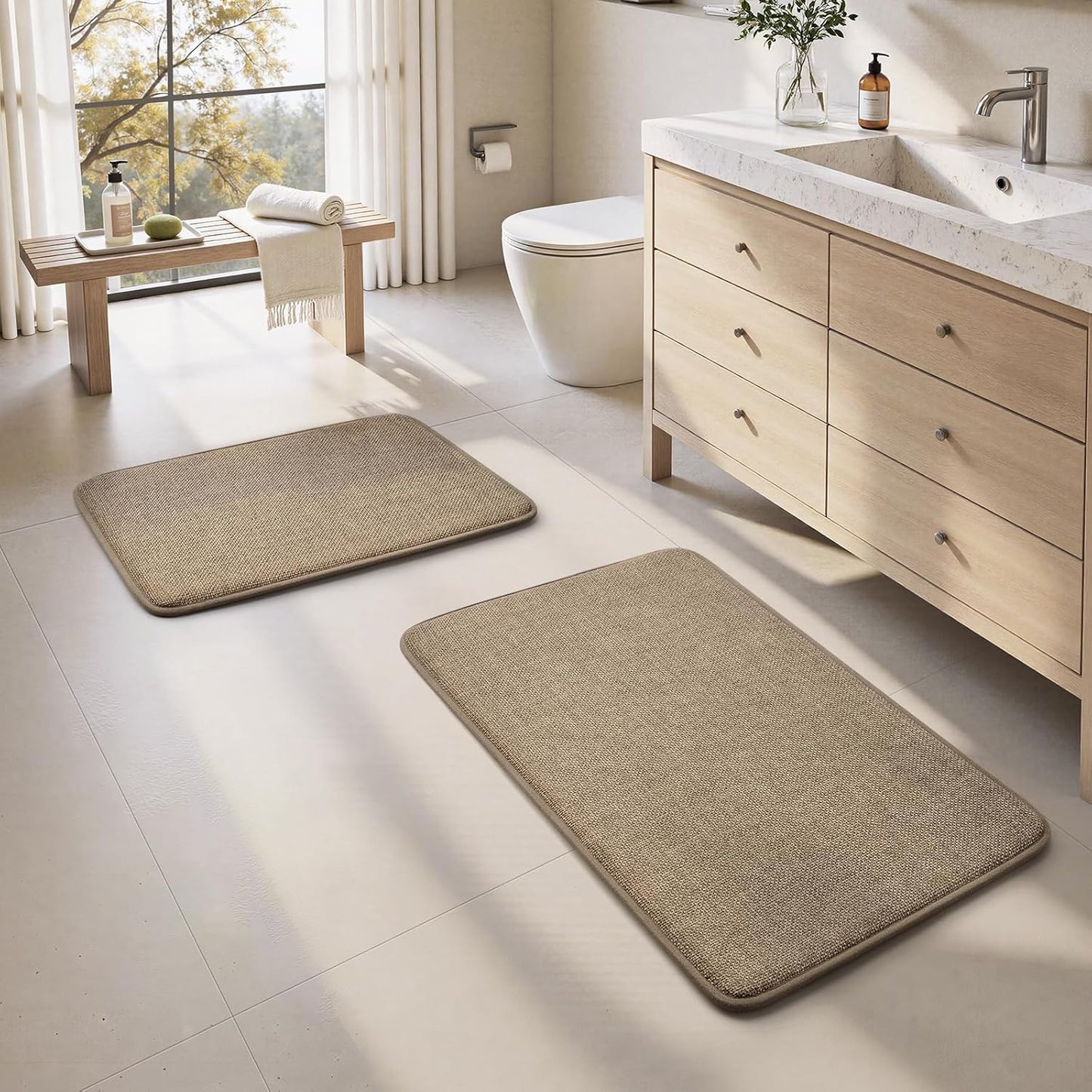 HOMEIDEAS Memory Foam Bathroom Rugs Set 2 Piece, Ultra Absorbent Quick Dry Bath Mats, Linen-Like Boho Bathroom Rug Set for Bath Floor, Shower & Tub (Beige, 32"x20" + 24"x17")