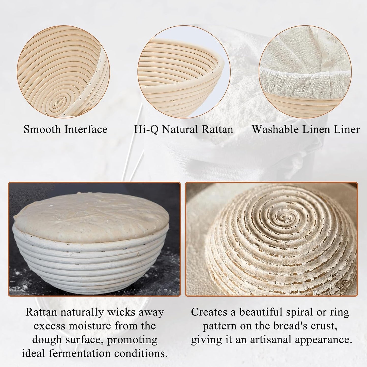 Rattan Banneton Bread Proofing Basket Set of 2, 9 Inch Round | For sourdough, boule and artisan loaves; supports dough during final proof for easier shaping and defined spiral lines