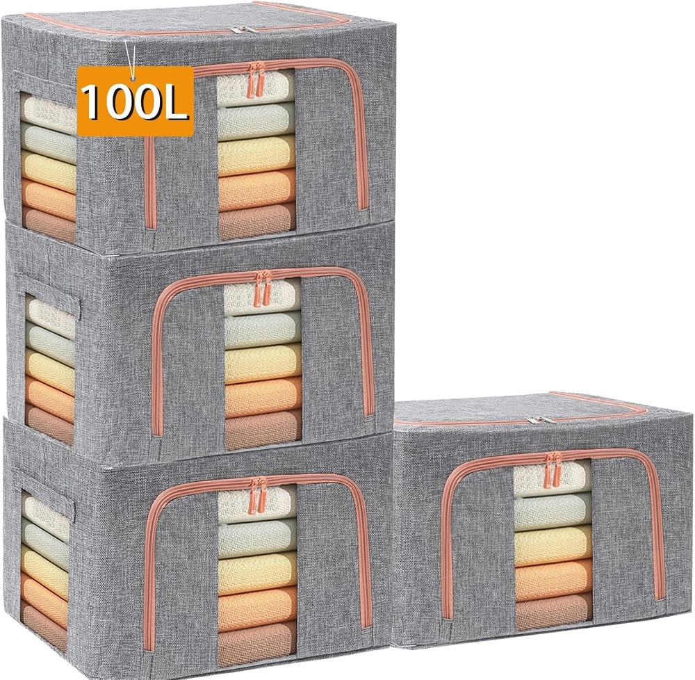 100L Large Storage Bags,Stackable Clothes Storage Bins with Hold Shape Metal ...