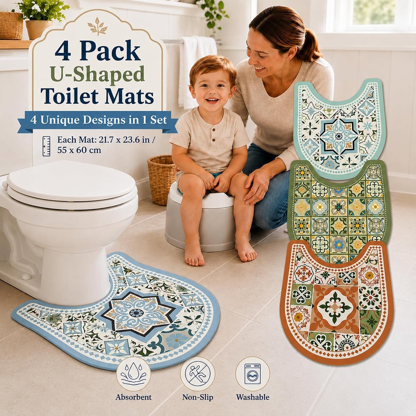 Washable Commode Potty Training Mats, Super Absorbent Reusable Toilet Training Rug for Kids, Leak-Proof & Non-Slip Adult Incontinence Toilet Mat, Bathroom Floor Protector Pads 4 Pack