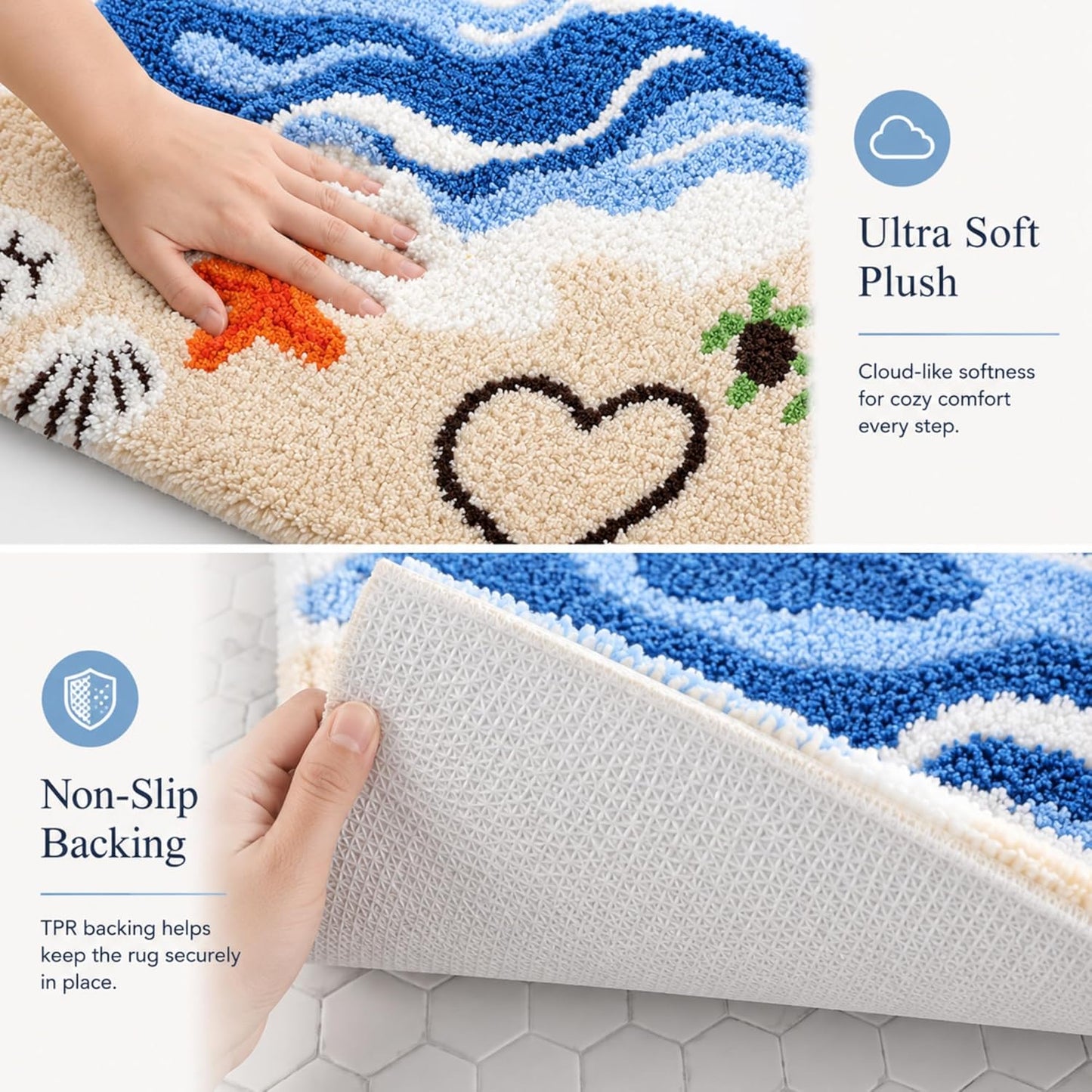 Coastal Bathroom Rug Beach Wave Bath Mat Nautical Cute Sea Turtle Starfish Shell Bathmat Summer Non Slip Washable Microfiber Shower Carpet for Bathroom, Kitchen and Entryway Decor, 18"x26"