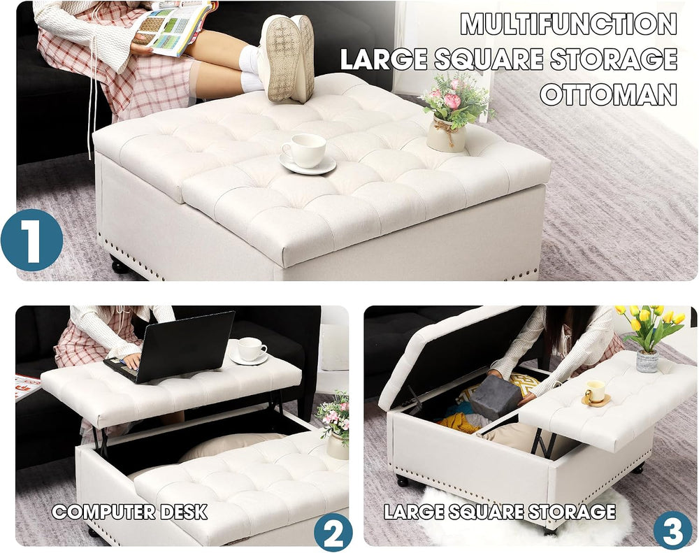 Grepatio 35.5" Large Square Storage Ottoman, Lift Top Ottoman Square Ben...