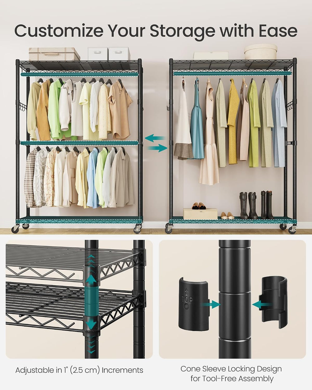 SONGMICS Heavy-Duty Clothes Rack, Portable Closet on Wheels, Garment Rack
