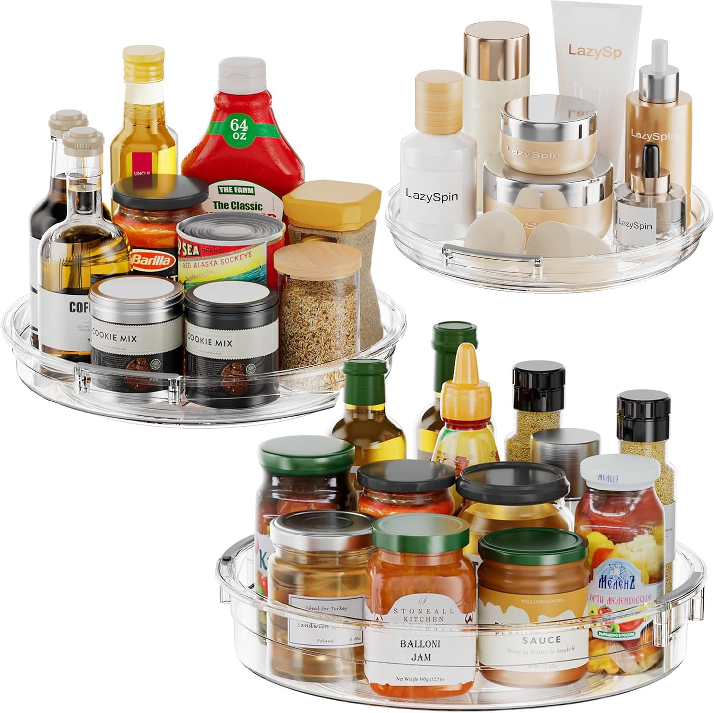 3 Pack Lazy Susan Organizer, Clear Lazy Susan Turntable Organizer for Cabinet, Kitchen, Refrigerator, Pantry, Bathroom, Rotating Spice Organization, 3 Size 9.25'' 10.6'' 12'', Acrylic