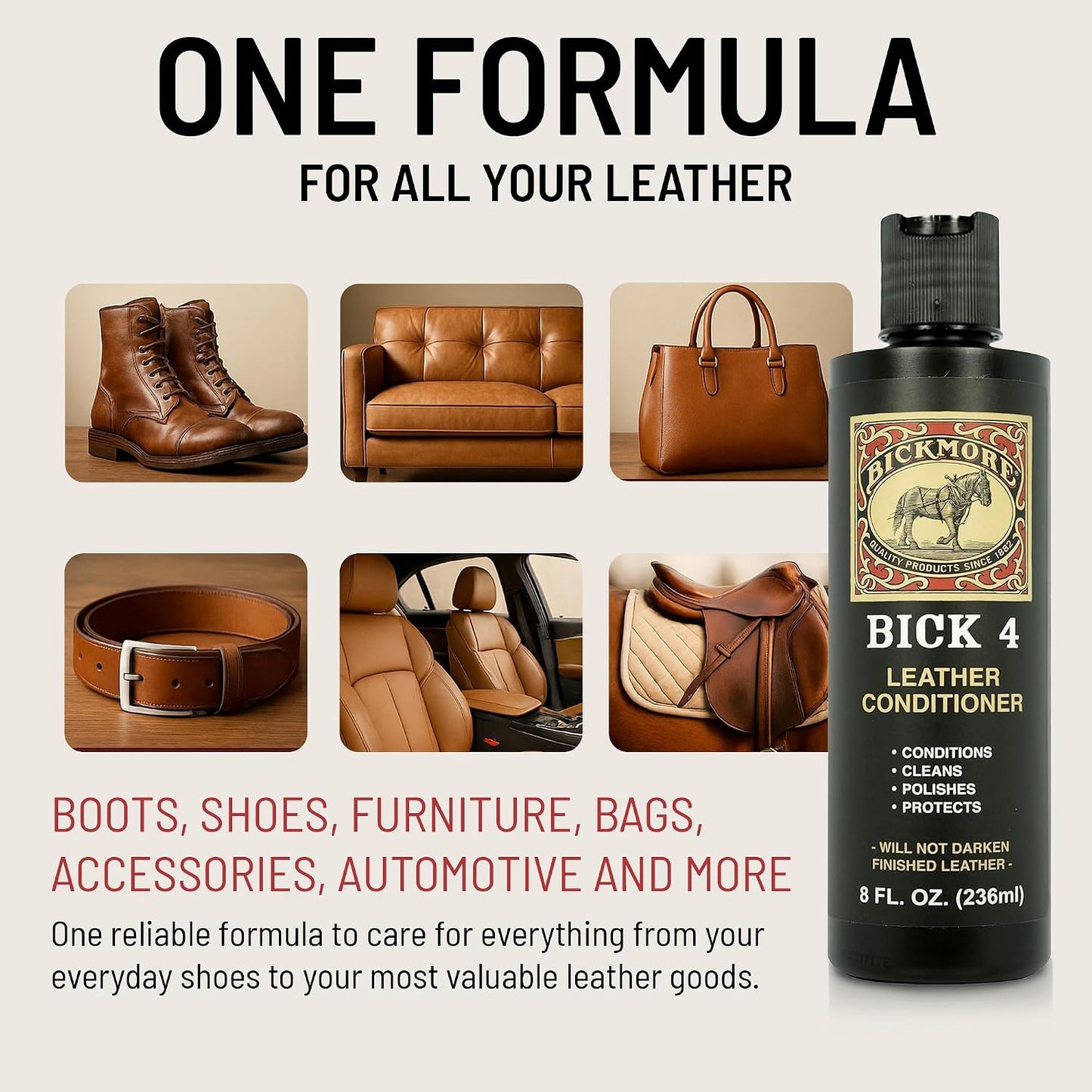Bick 4 Leather Conditioner & Cleaner, Won't Darken Boots, Couch, Bags 8 oz | Made in USA, For Shoes, Furniture, Jackets, Auto Interiors, Apparel & Accessories