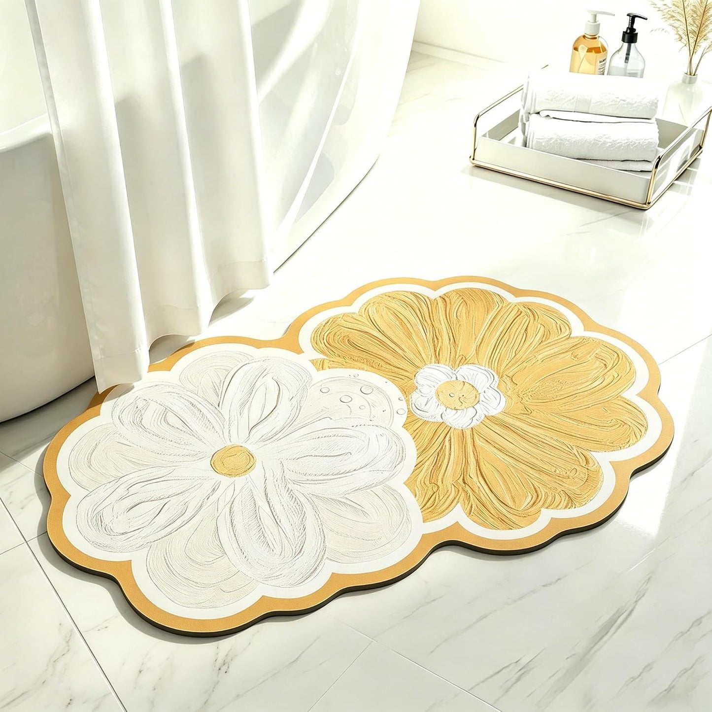 Yellow Daisy Shaped Bath Mat 20"x32", Faux Leather Non Slip Bathroom Rug, Super Absorbent & Easy Clean Shower Mat for Tub, Shower, Bathroom Floor, Vanity
