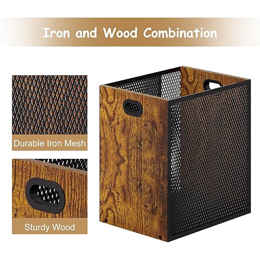 Retro Office Trash Can, Iron and Wood Combination Bedroom Garbage Can, - Image 2