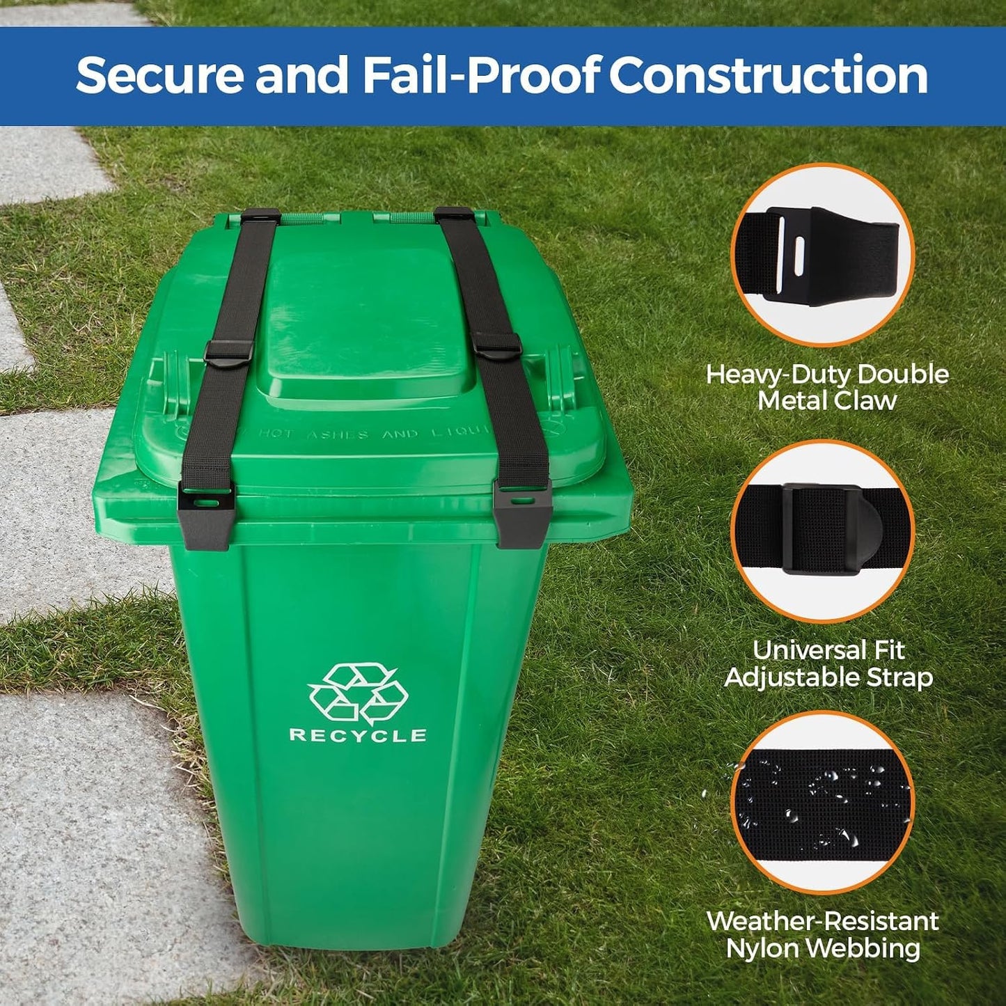 2PCS Bear Proof Trash Can Lock with Double Metal Claw - Heavy Duty Garbage Can Locks for Animals - Adjustable Strap Lid Lock for 32-96 Gallon Outdoor Cans - Secure Against Raccoons & Squirrels