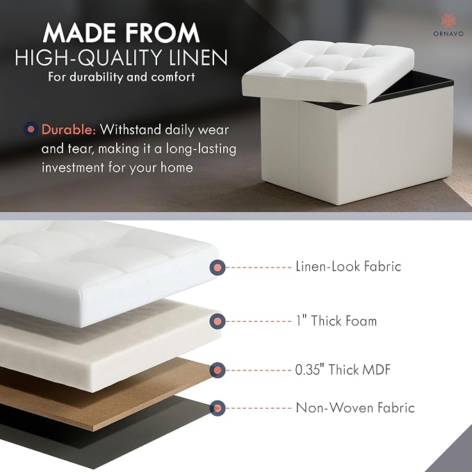 Ornavo Home Small Storage Ottoman Foldable Collapsible Rectangle Linen Ottoman - Image 5