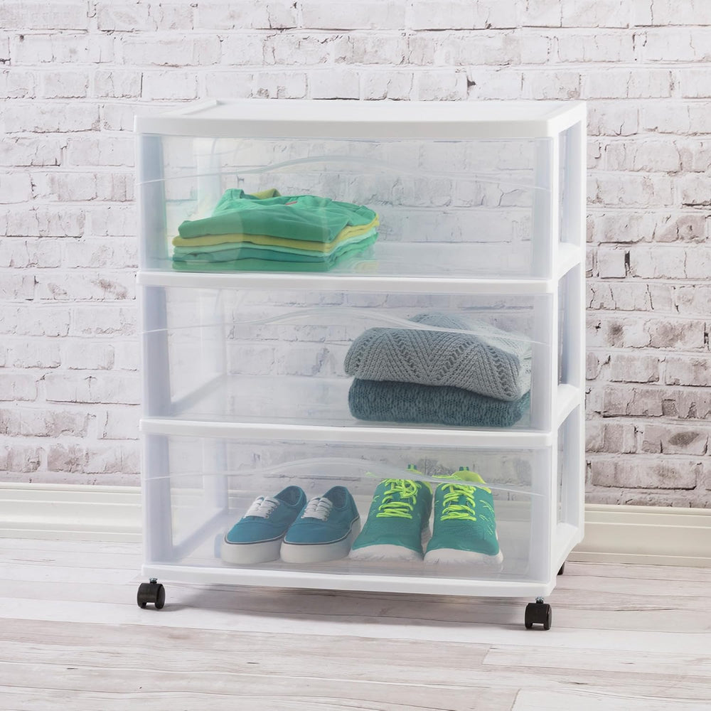 Sterilite Wide 3-Drawer Cart with Wheels for Bedroom and Dresser, 2-Pack