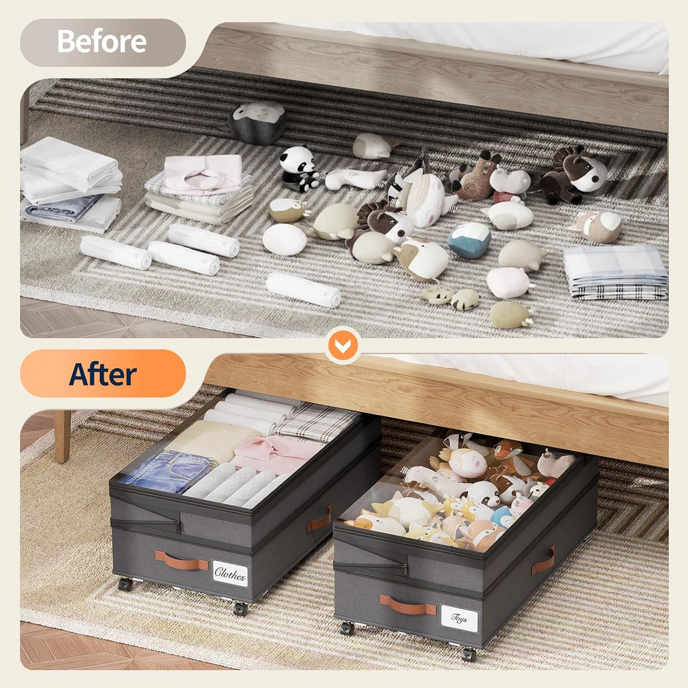 Yecaye 90L Under Bed Storage with Wheels, Height Adjustable, 2 Pack, Grey