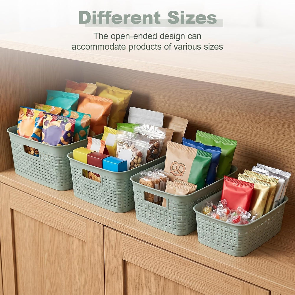 8 Pcs Plastic Storage Basket for Closet, Kitchen, Bathroom (Green，2L+2M+1S+3XS)