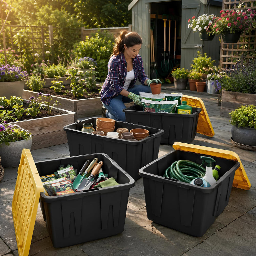 12-Pack Heavy Duty Storage Totes with Lids, 27 Gallon - Stackable Plastic Sto...