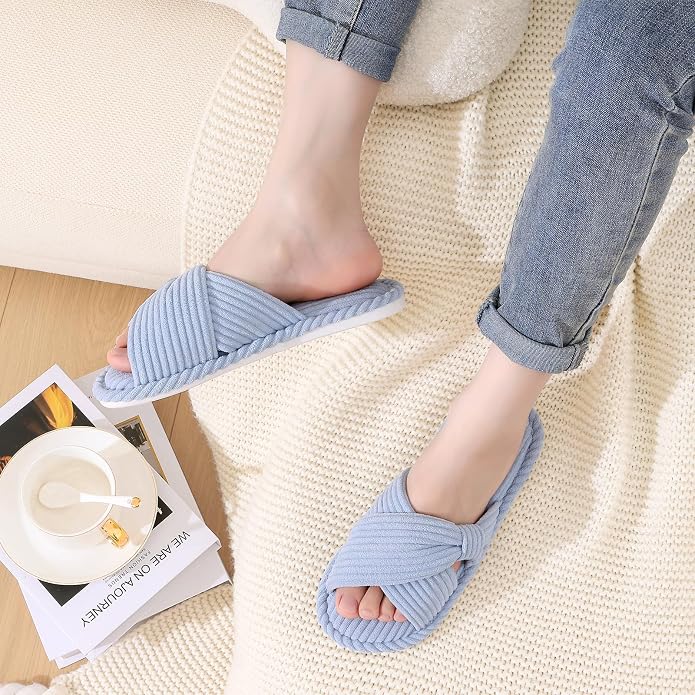 Evshine Summer House Slippers for Women Corduroy Cross Bow Indoor Slippers Open - Image 2